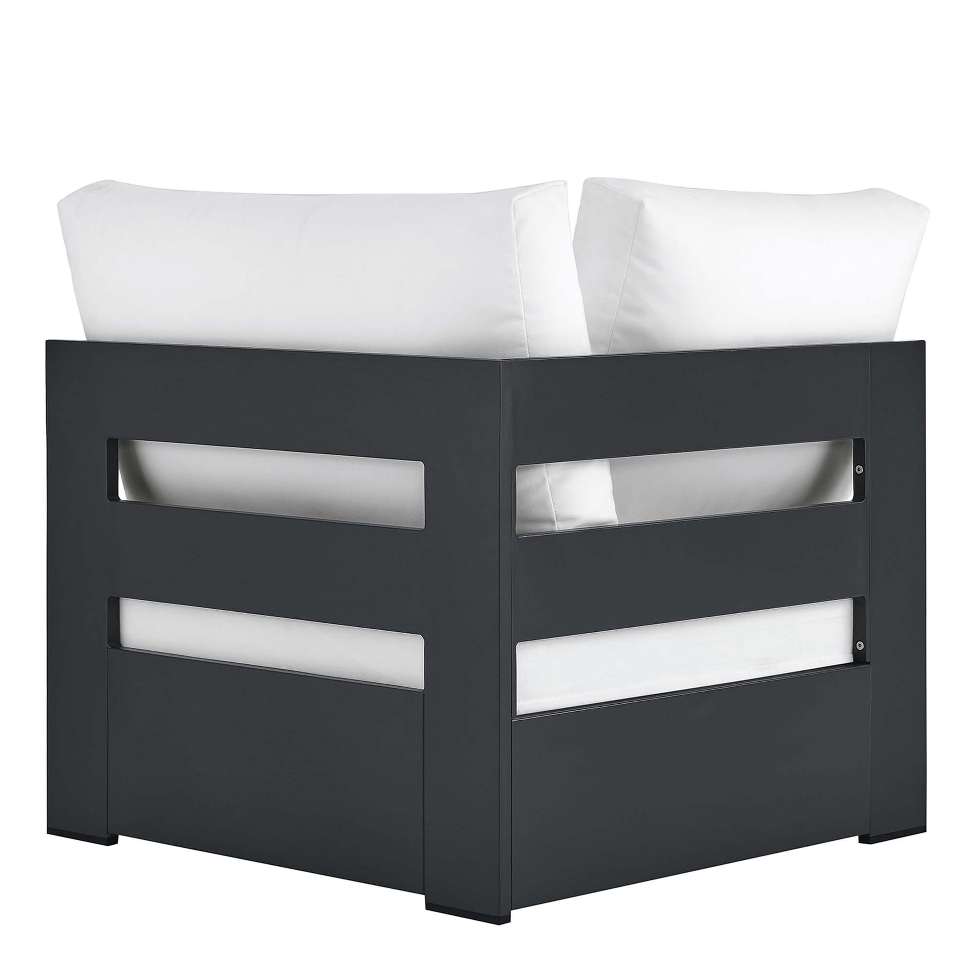 Dark gray outdoor modular corner chair with white cushions and horizontal side cutouts.