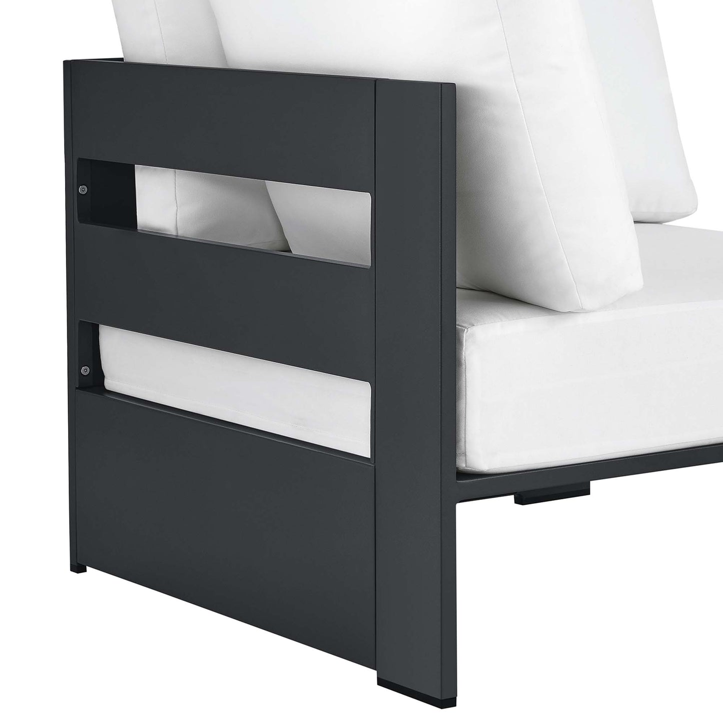 Dark gray powder-coated aluminum modular corner chair with white cushions for outdoor seating.