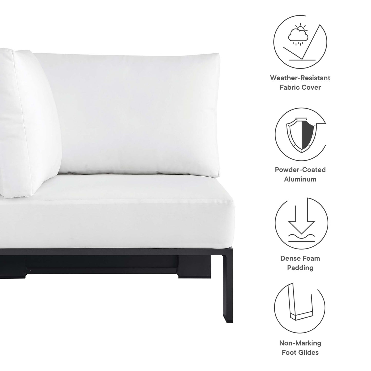 White outdoor modular corner chair with a powder-coated aluminum frame, weather-resistant fabric upholstery, and dense foam cushions.