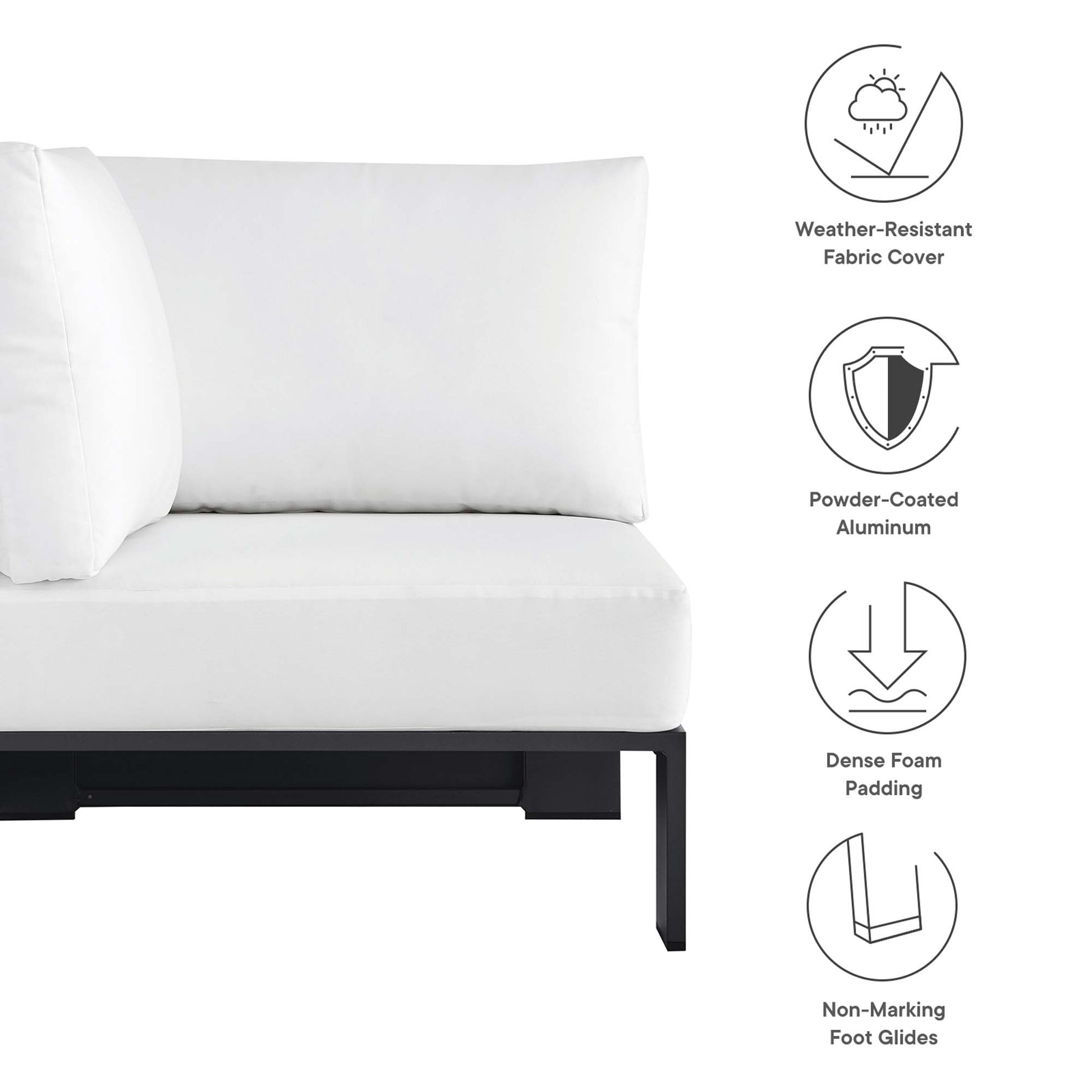 White outdoor modular corner chair with a powder-coated aluminum frame, weather-resistant fabric upholstery, and dense foam cushions.