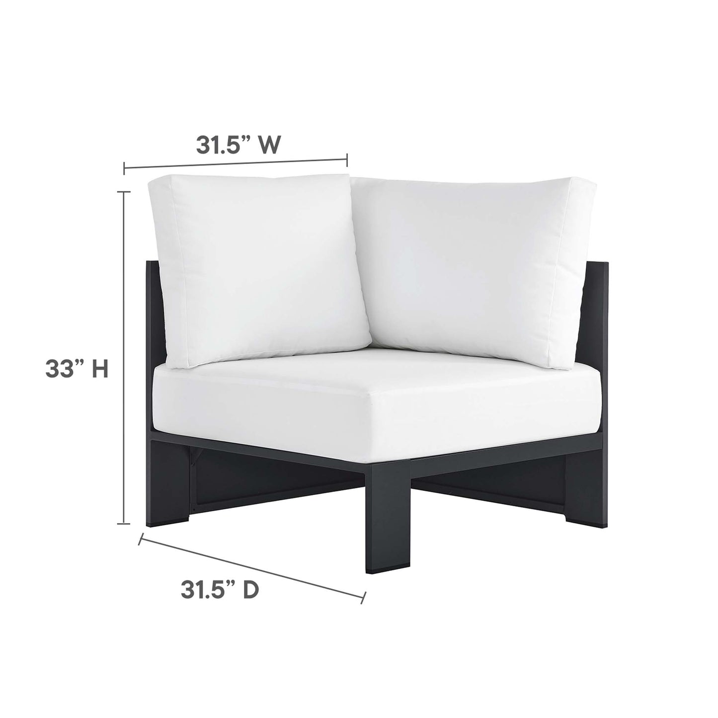 Dark gray powder-coated aluminum modular outdoor corner chair with white cushions and two back pillows, 31.5W x 33H x 31.5D.