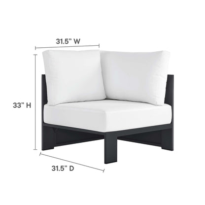 Dark gray powder-coated aluminum modular outdoor corner chair with white cushions and two back pillows, 31.5W x 33H x 31.5D.