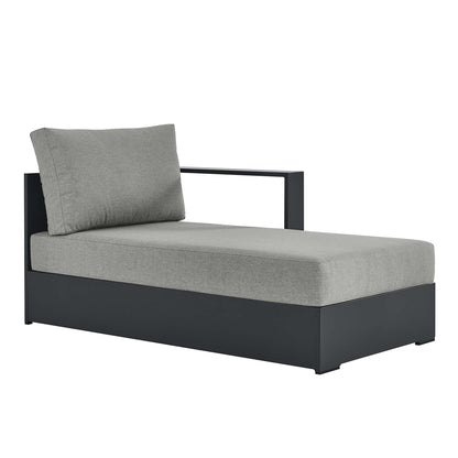 Gray outdoor modular right-facing chaise lounge with a powder-coated aluminum frame and light gray cushions.