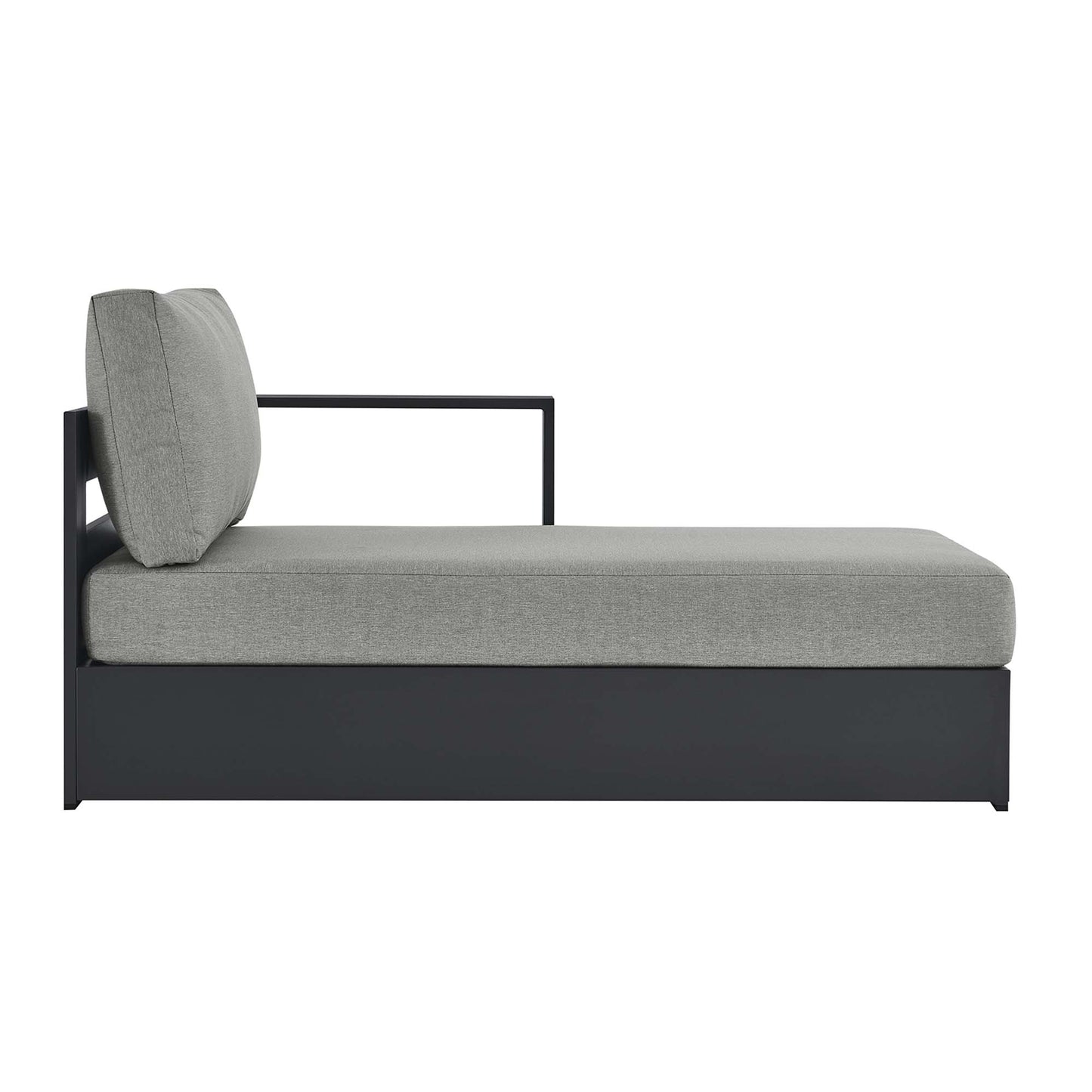 Gray outdoor chaise lounge with a powder-coated aluminum frame, long seat cushion and matching back cushion.