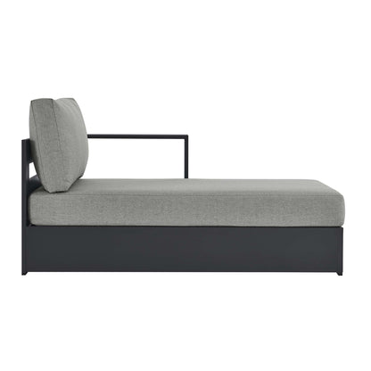Gray outdoor chaise lounge with a powder-coated aluminum frame, long seat cushion and matching back cushion.