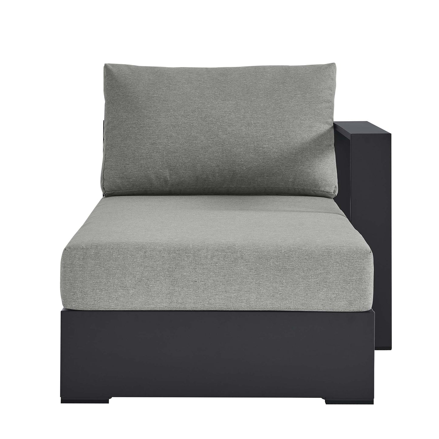 Gray cushioned chaise lounge with a powder-coated aluminum modular frame and rectangular side-panel arm, right-facing outdoor seating.