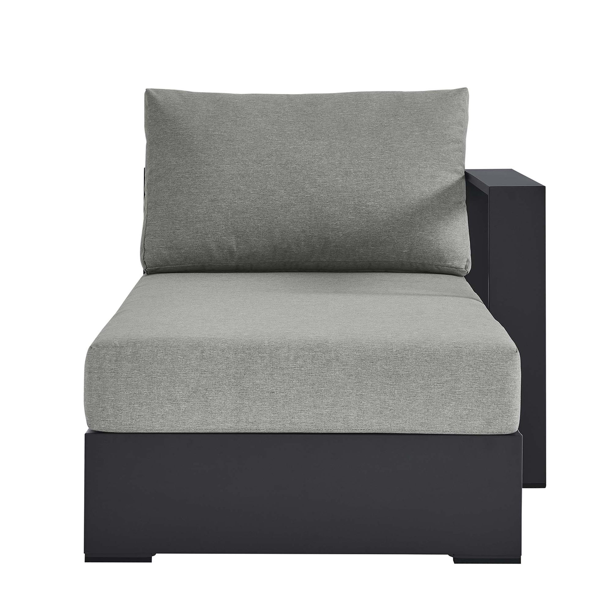 Gray cushioned chaise lounge with a powder-coated aluminum modular frame and rectangular side-panel arm, right-facing outdoor seating.