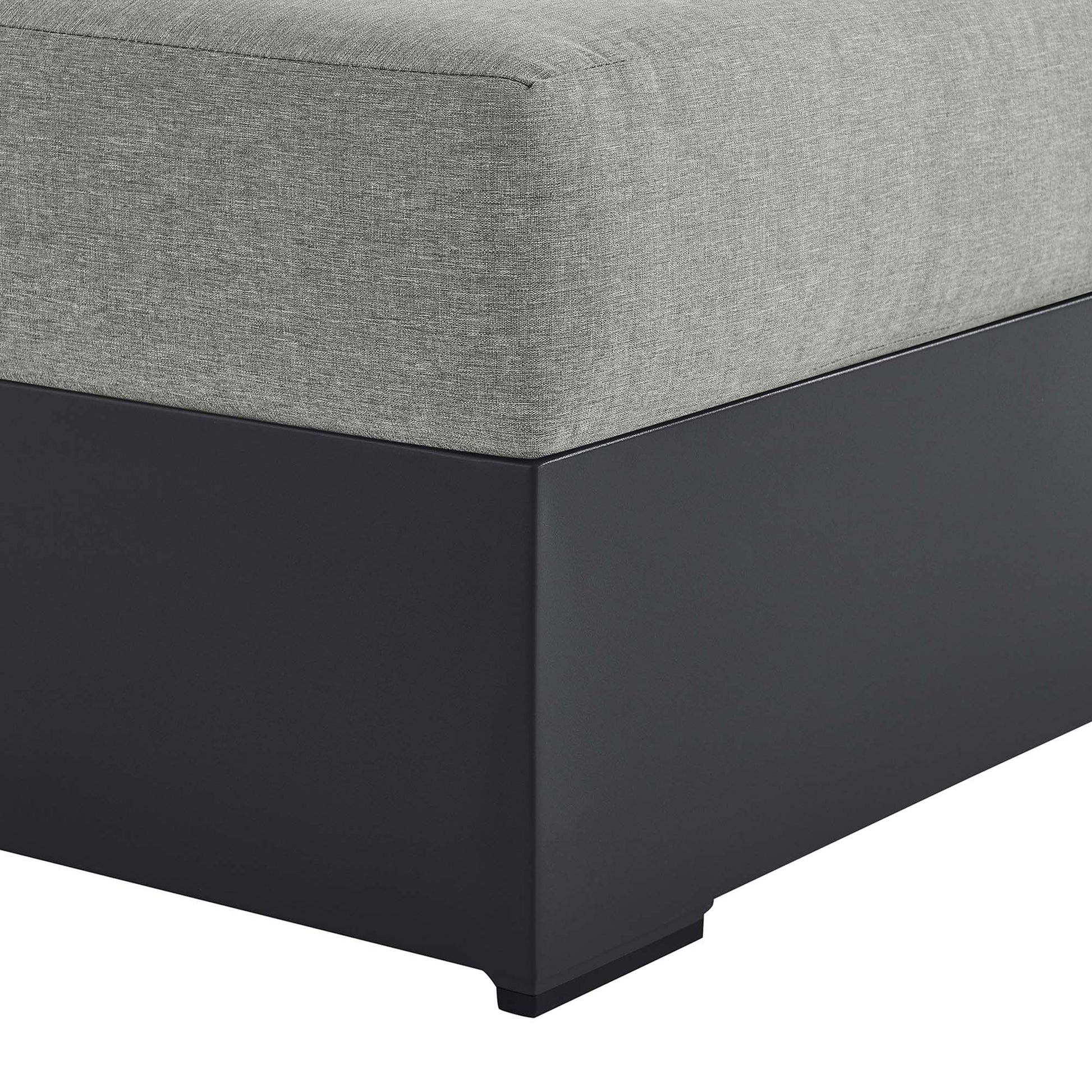 Grey fabric cushions on a dark gray powder-coated aluminum outdoor modular chaise lounge with clean square edges.