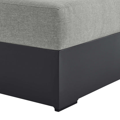 Grey fabric cushions on a dark gray powder-coated aluminum outdoor modular chaise lounge with clean square edges.