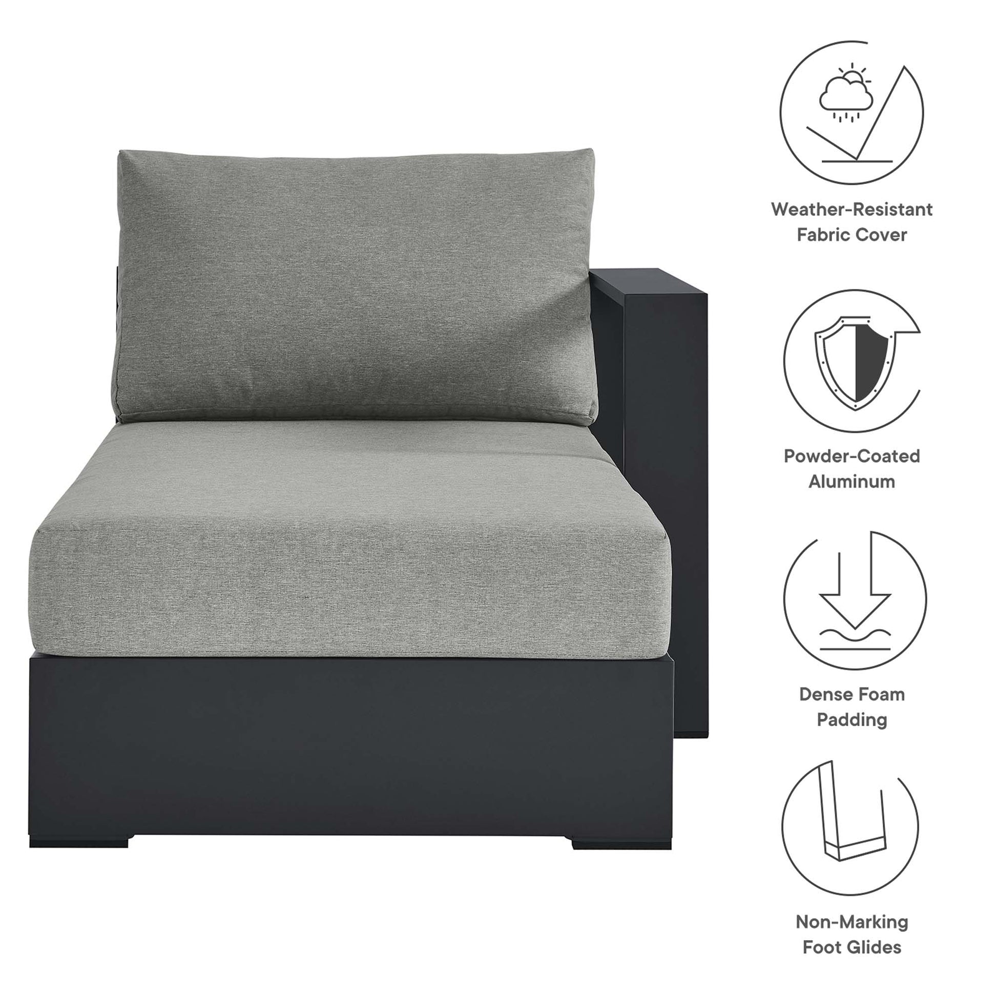Grey cushioned chaise lounge with dark powder-coated aluminum frame; weather-resistant fabric and dense foam padding.