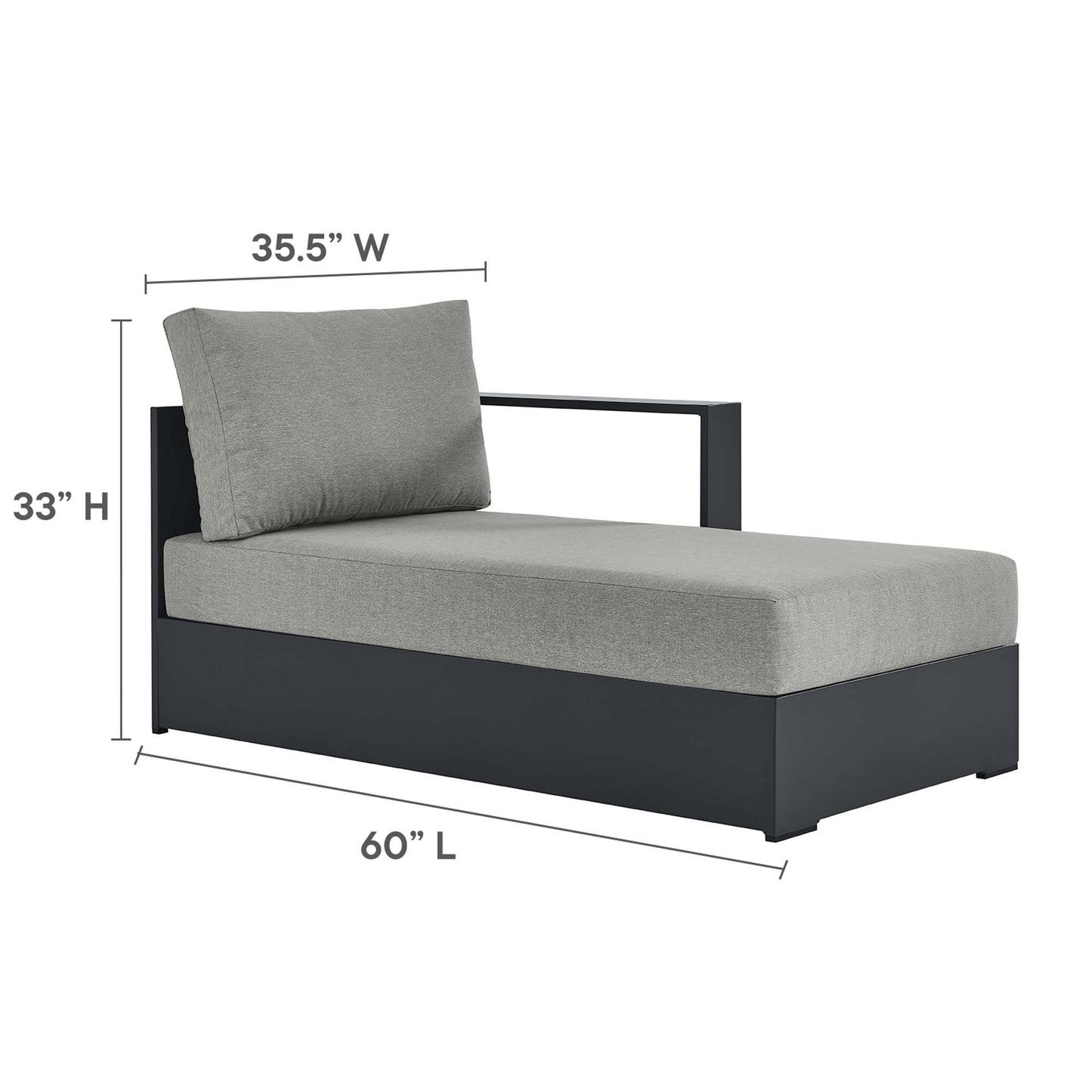 EEI gray outdoor chaise lounge with dark frame, cushioned seat and back pillow, 60" L x 35.5" W x 33" H.