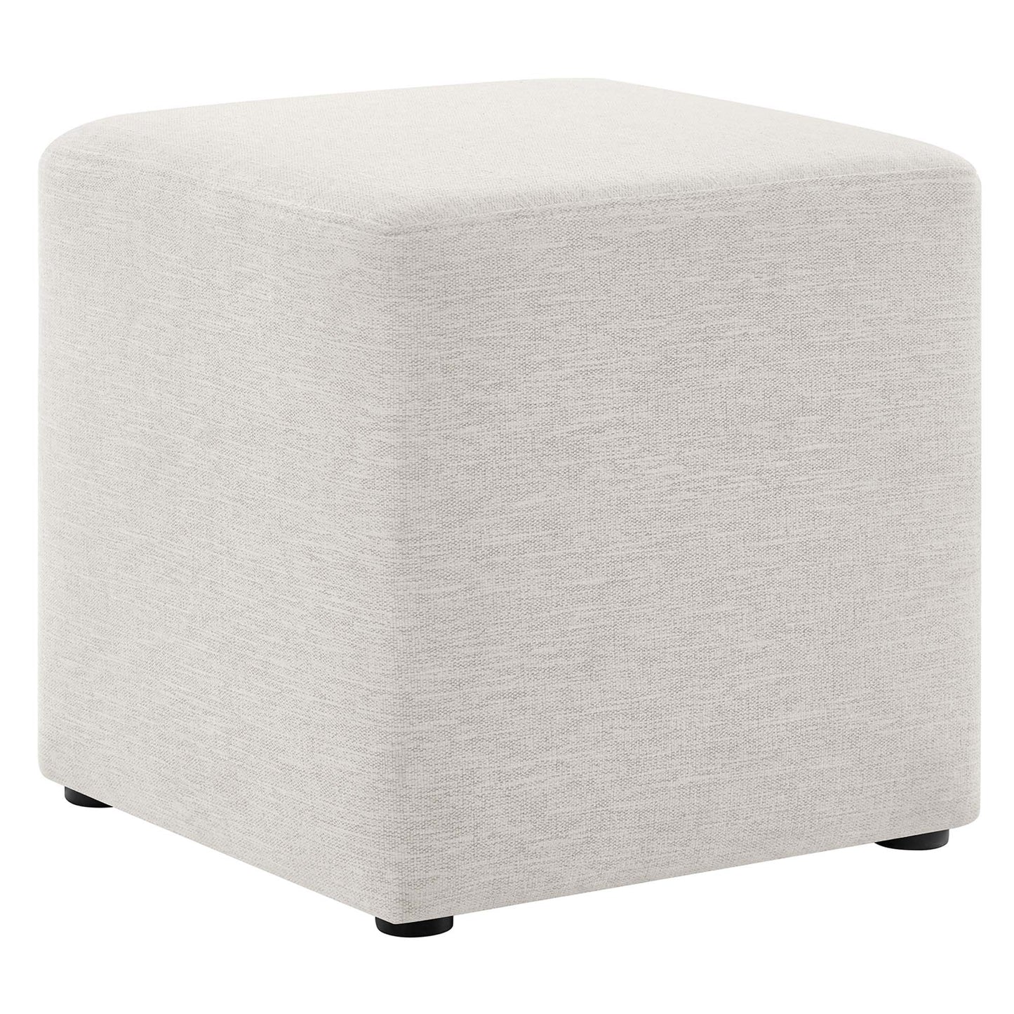 White 17" square woven heathered fabric upholstered ottoman with rounded edges and short black feet.