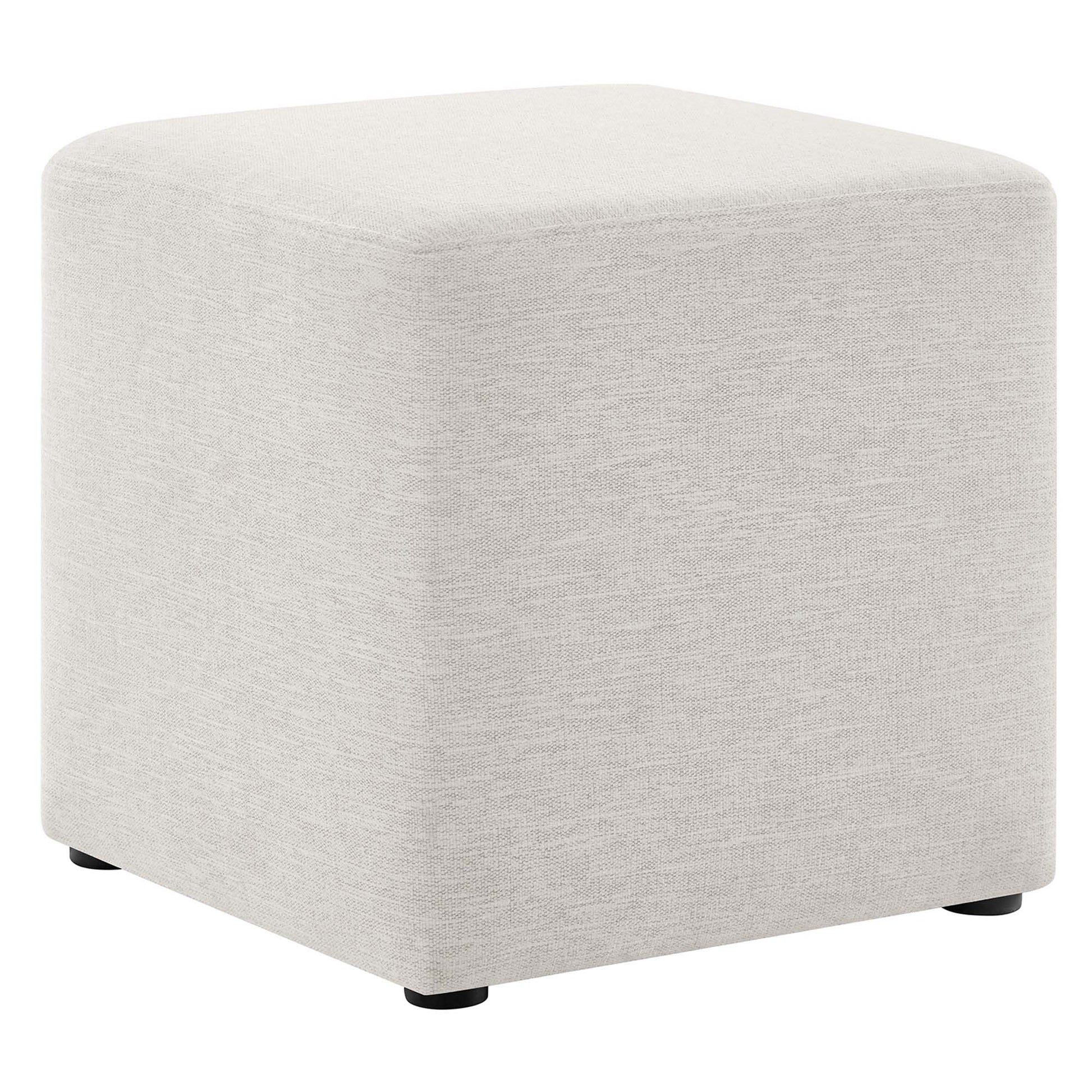 White 17" square woven heathered fabric upholstered ottoman with rounded edges and short black feet.