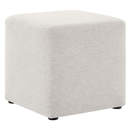 White 17" square woven heathered fabric upholstered ottoman with rounded edges and short black feet.