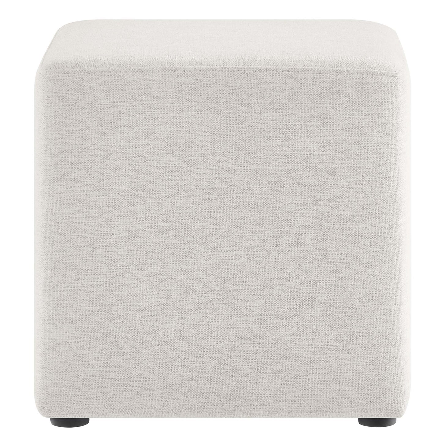 White fabric upholstered cube ottoman with small black feet, soft corners, versatile footrest or stool.