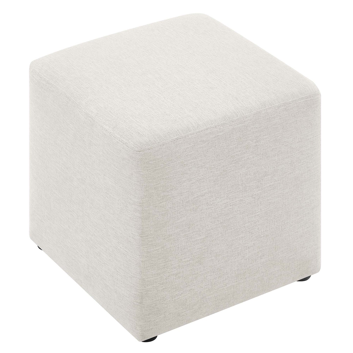 Beige textured fabric cube ottoman with small black feet, versatile extra seating.