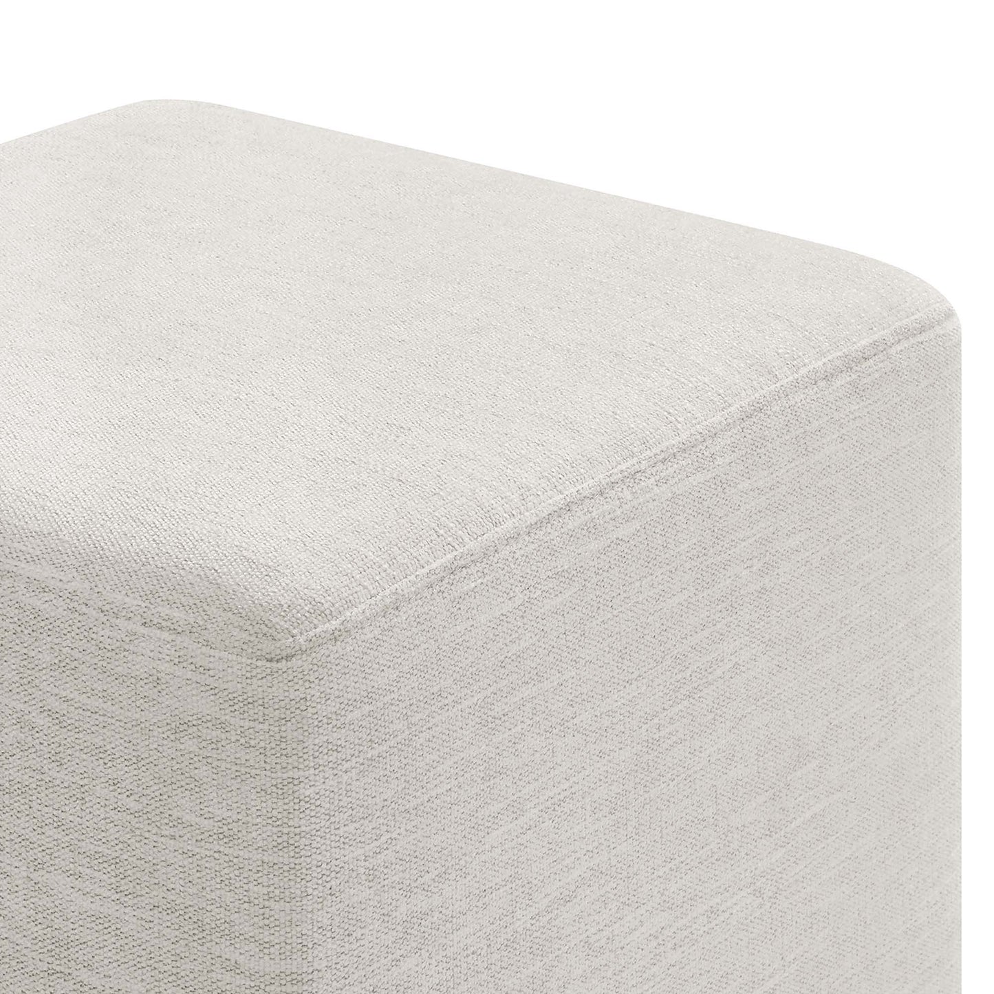 White 17-inch square woven heathered fabric upholstered ottoman with rounded edges; versatile footstool or small seat.