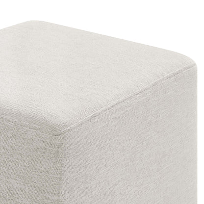 White 17-inch square woven heathered fabric upholstered ottoman with rounded edges; versatile footstool or small seat.