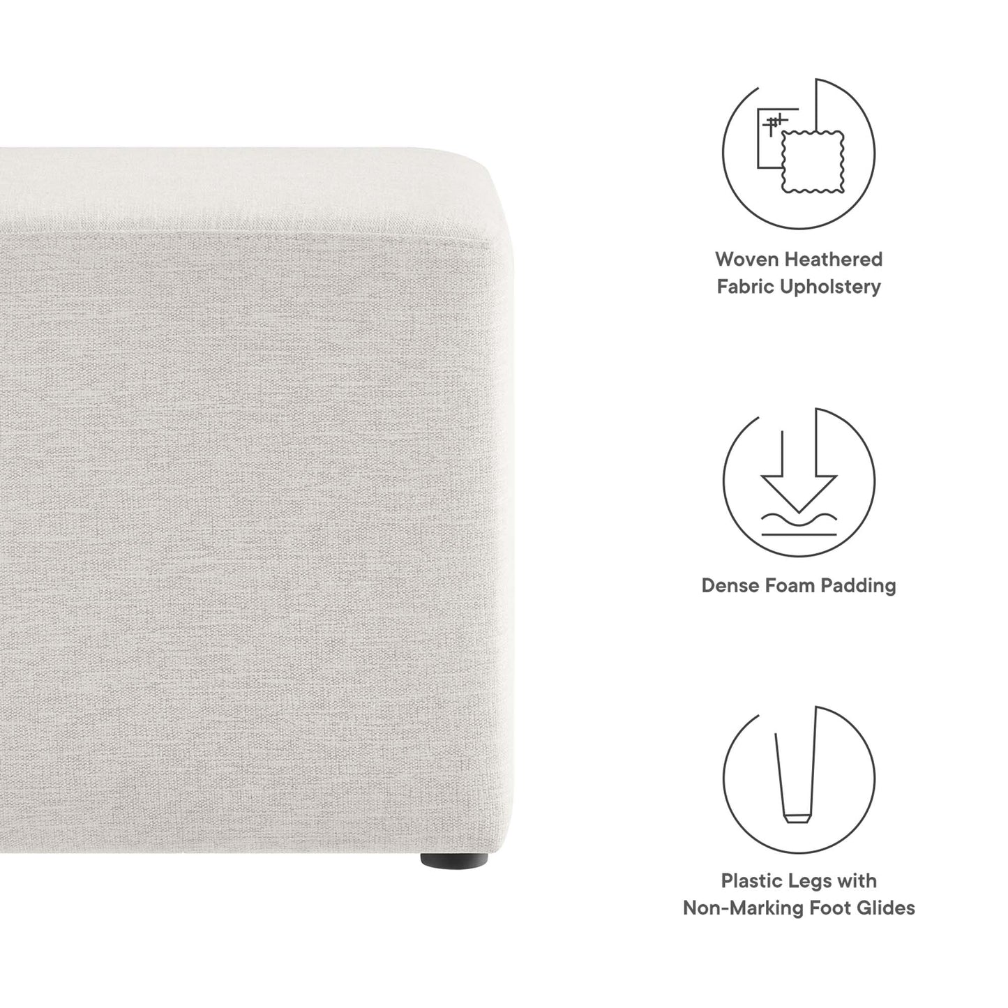 Beige woven-heathered fabric ottoman corner with dense foam padding and plastic legs with non-marking foot glides.