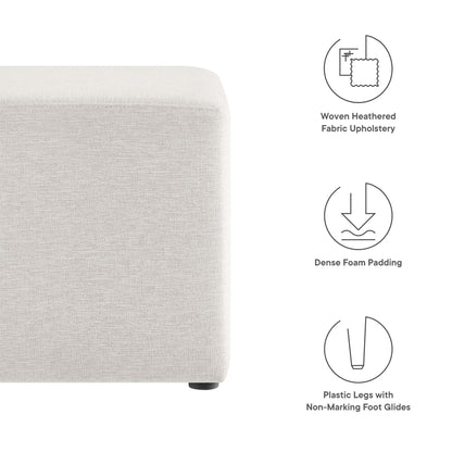 Beige woven-heathered fabric ottoman corner with dense foam padding and plastic legs with non-marking foot glides.