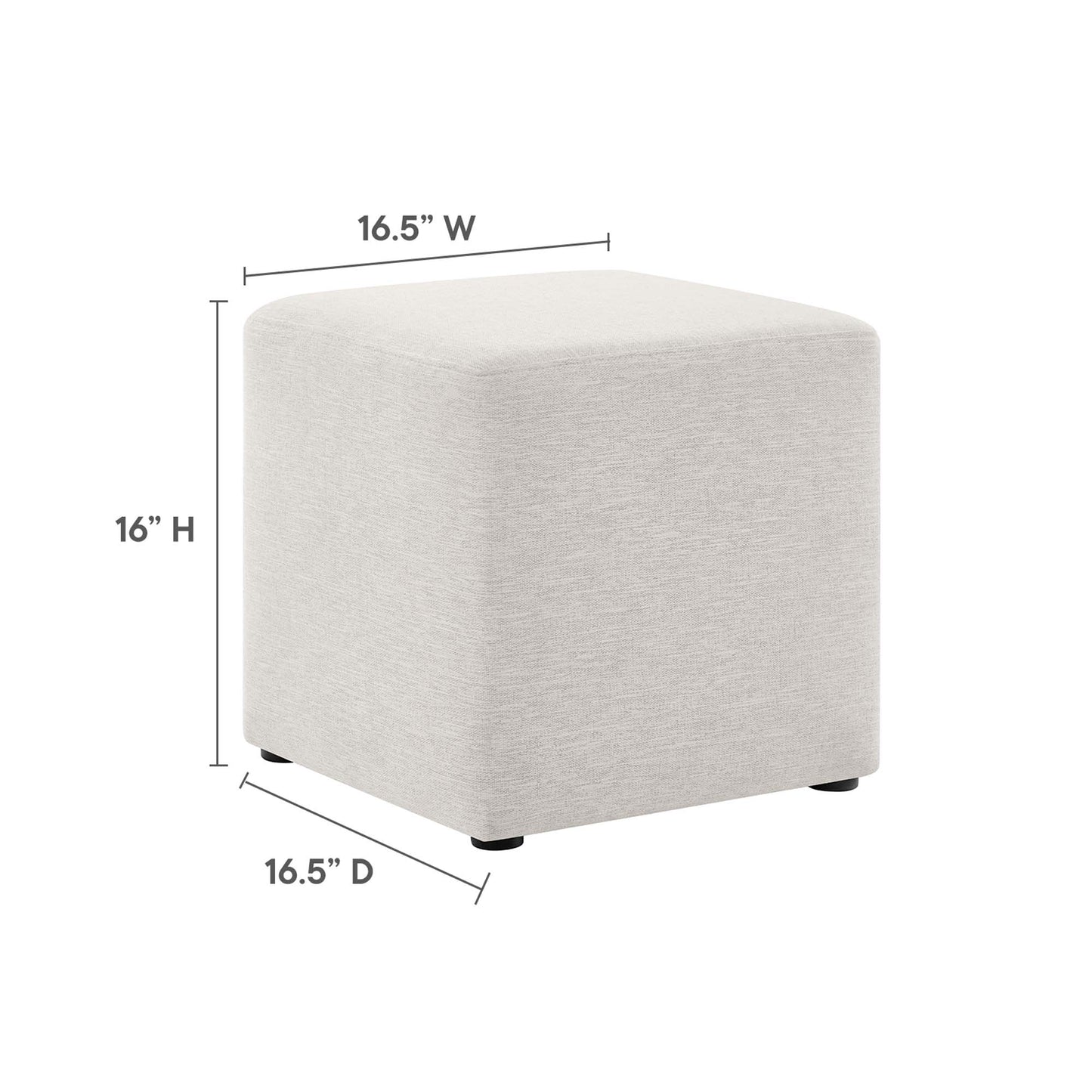 Beige fabric-wrapped cube ottoman with rounded corners and small feet, 16.5"W x 16.5"D x 16"H.