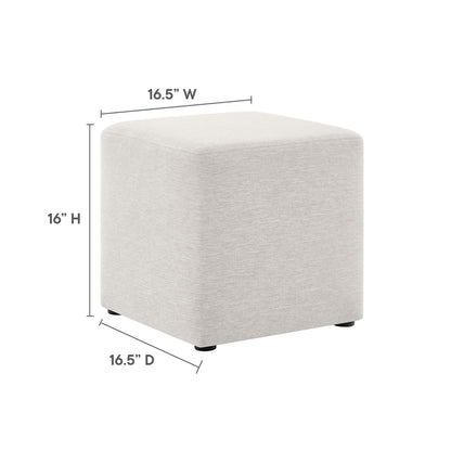Beige fabric-wrapped cube ottoman with rounded corners and small feet, 16.5"W x 16.5"D x 16"H.
