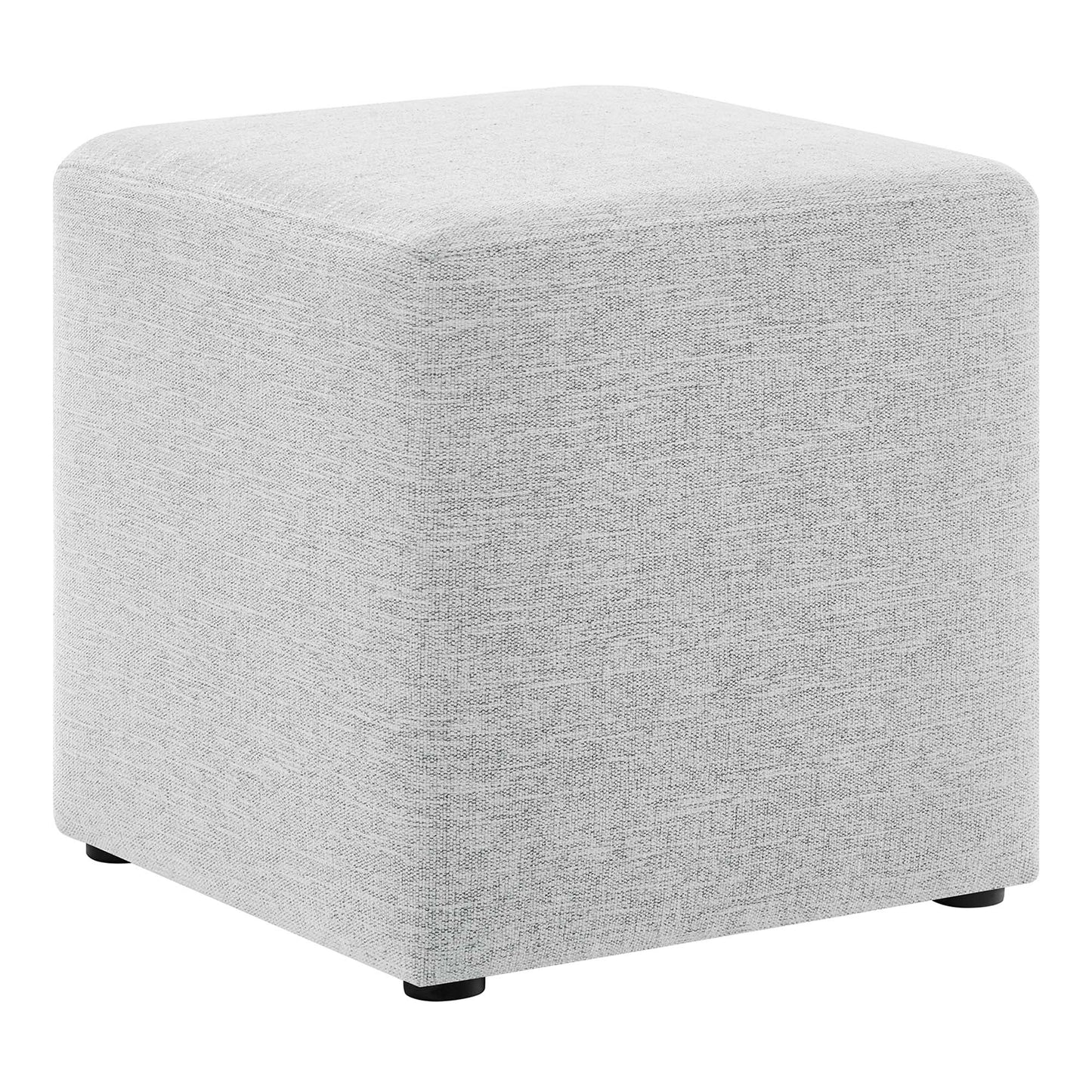 Light gray fabric cube ottoman with rounded edges and small black feet, modern living room pouf.