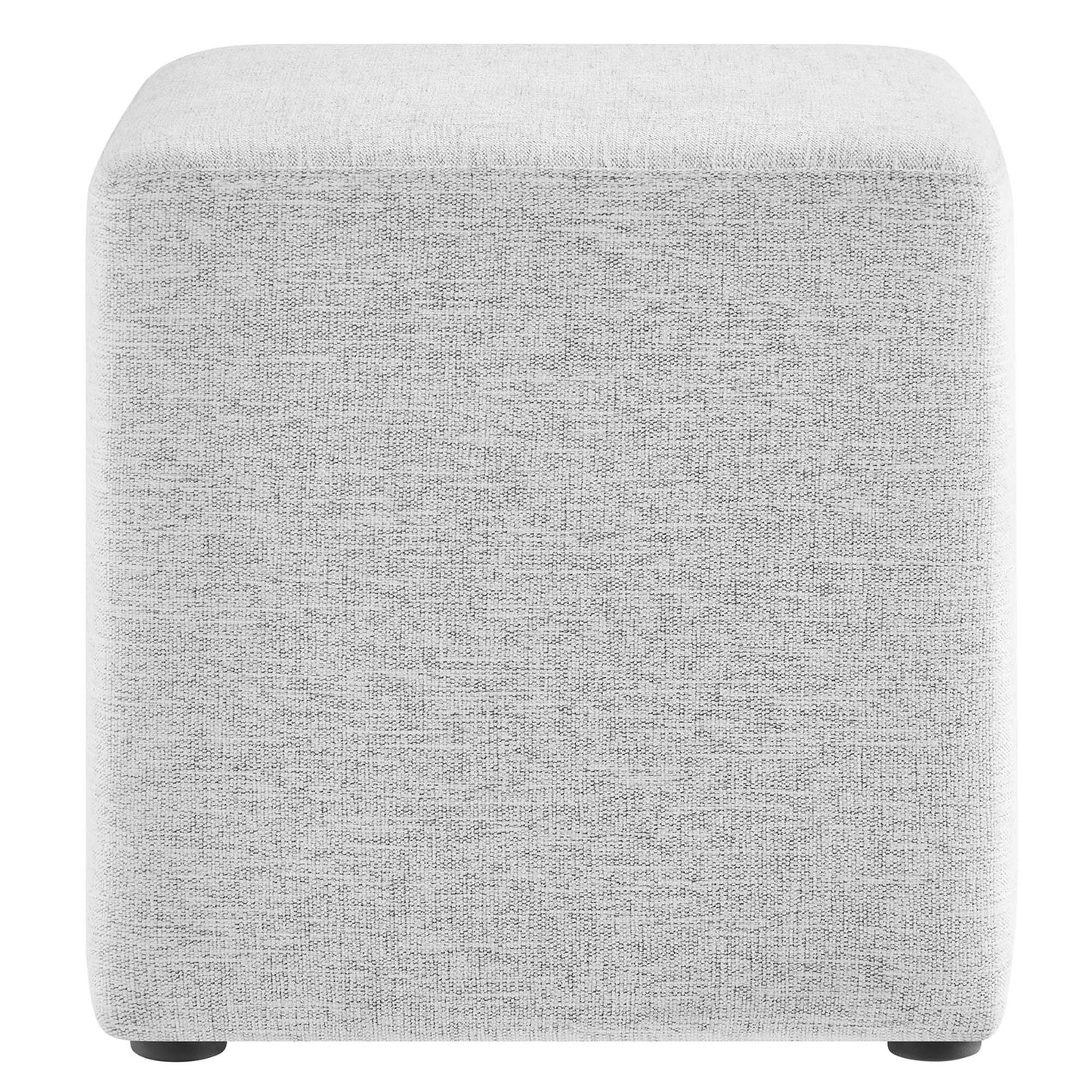 Light gray fabric upholstered cube ottoman with rounded corners and small black feet.