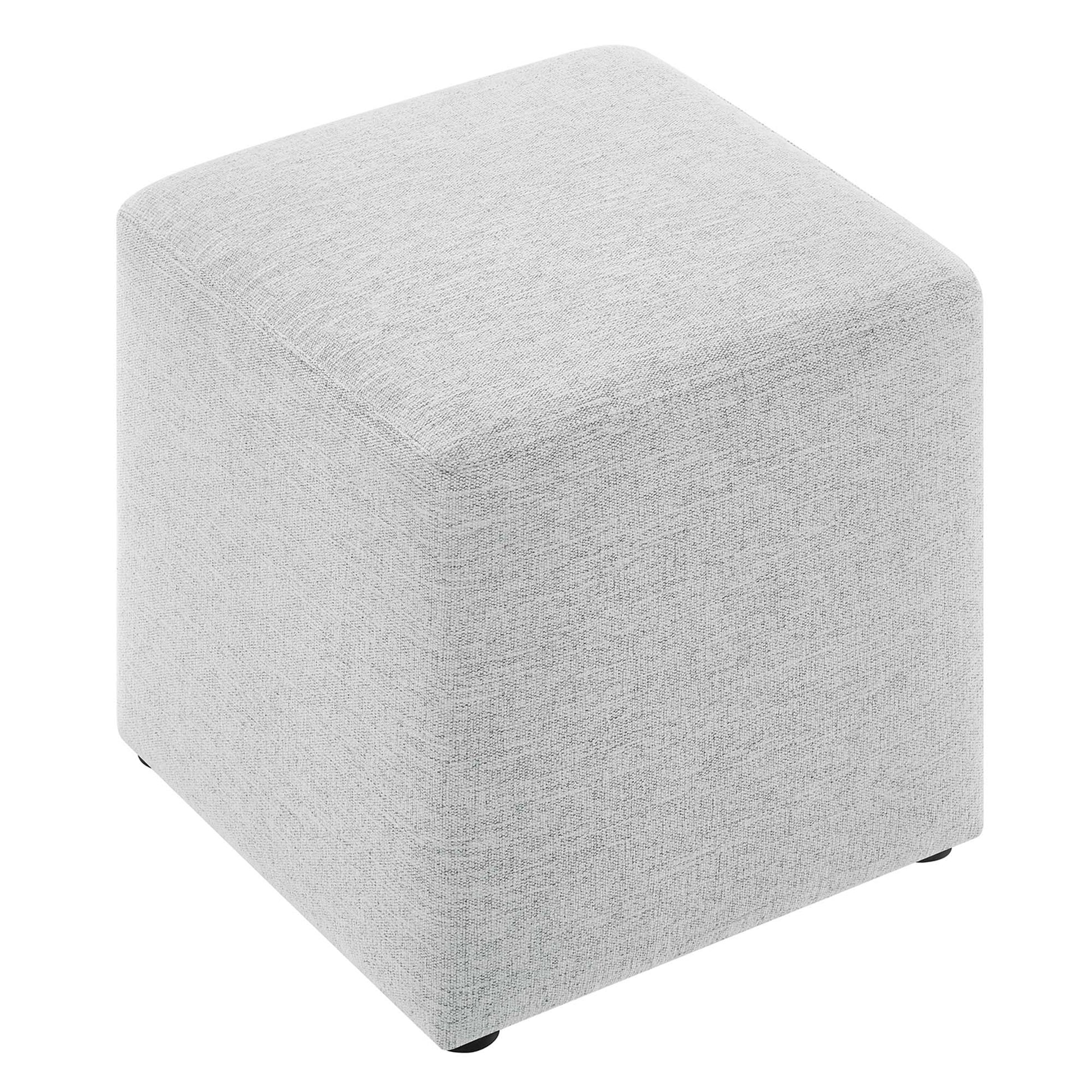 Light gray heathered fabric upholstered cube ottoman with low black feet, versatile footstool or extra seating.