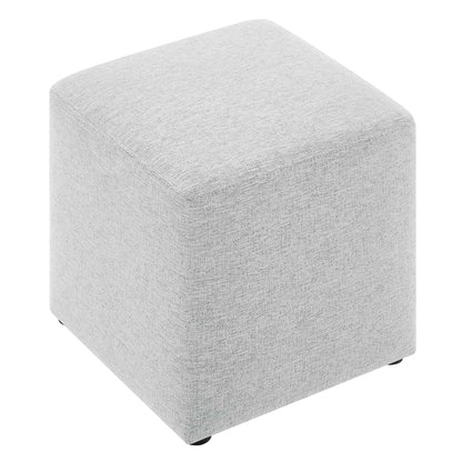 Light gray heathered fabric upholstered cube ottoman with low black feet, versatile footstool or extra seating.