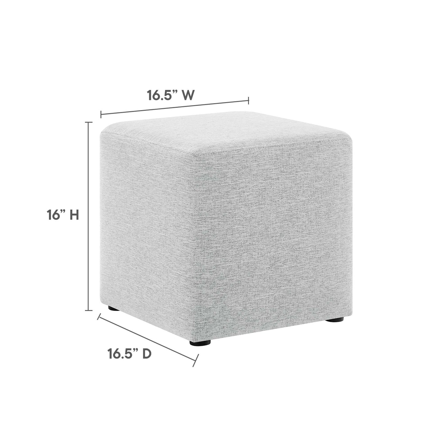 Light gray textured woven fabric square ottoman with small black feet; 16.5W x 16.5D x 16H; footrest or extra seating.