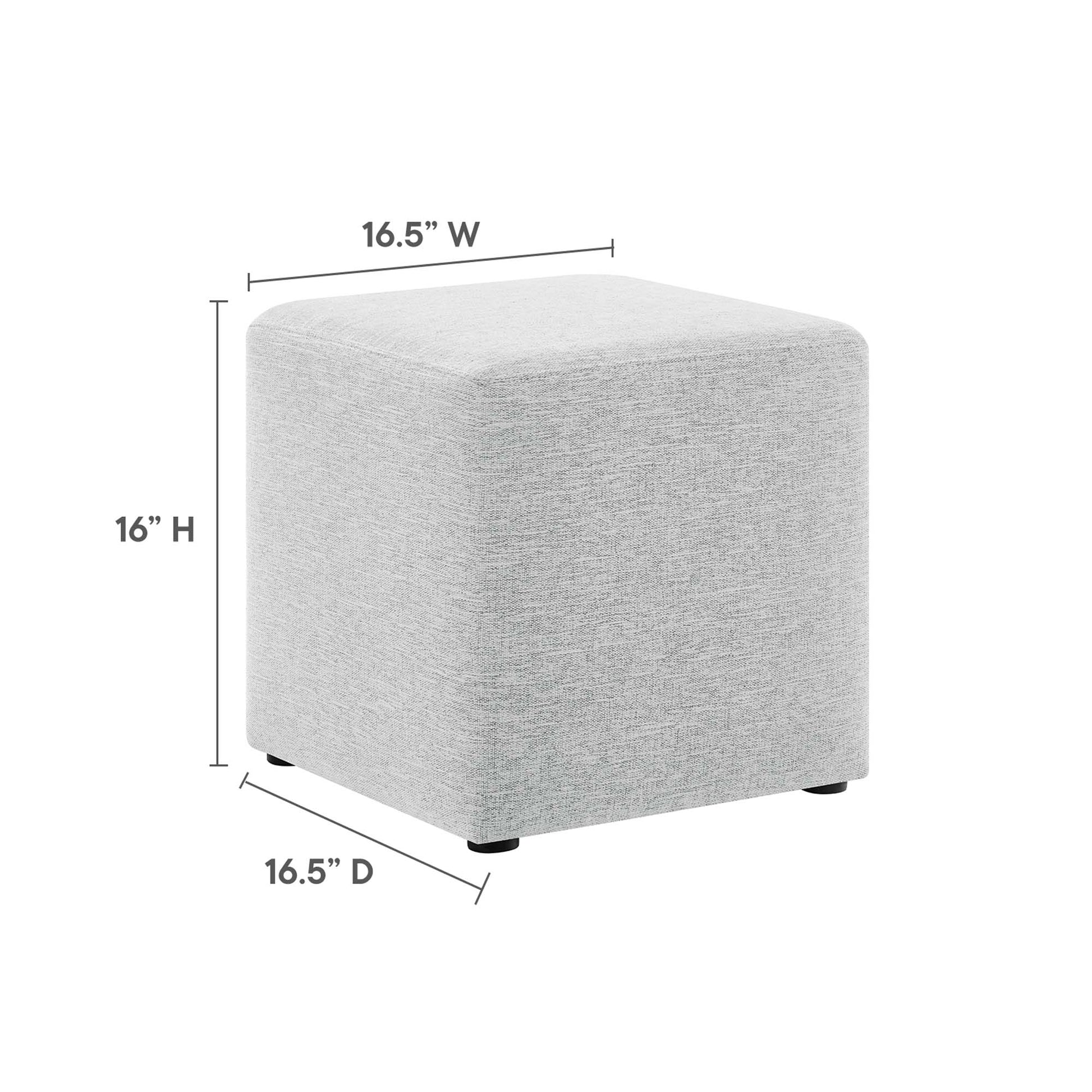 Light gray textured woven fabric square ottoman with small black feet; 16.5W x 16.5D x 16H; footrest or extra seating.