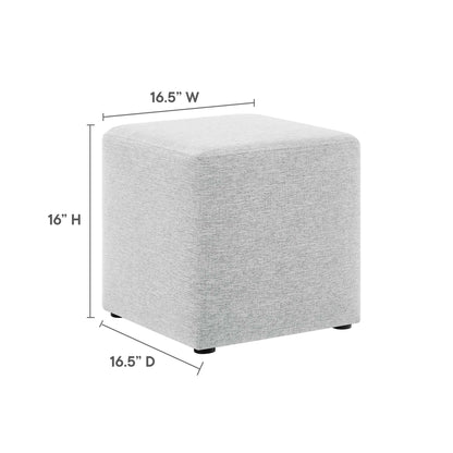 Light gray textured woven fabric square ottoman with small black feet; 16.5W x 16.5D x 16H; footrest or extra seating.