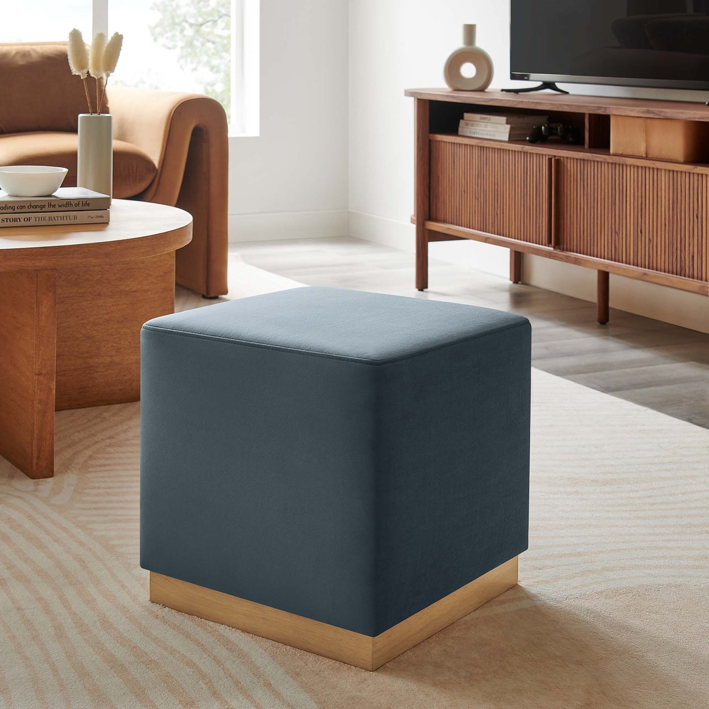 Modway - Tilden 17" Square Performance Velvet Upholstered Ottoman by Modway  Living Room Sofas and Armchairs Blue - EEI-6640-CAB-NAT