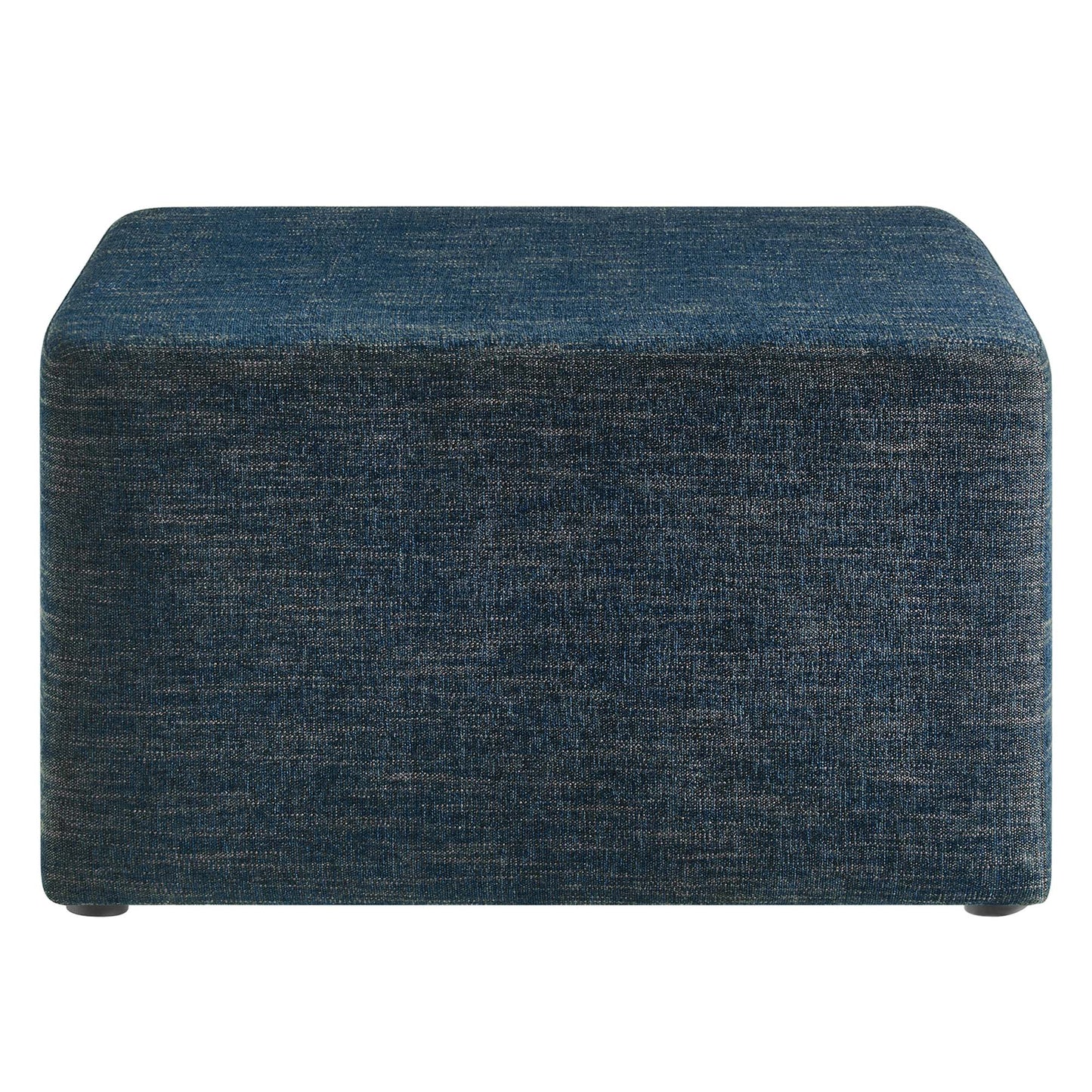 Dark blue textured fabric square ottoman with rounded edges and small feet.