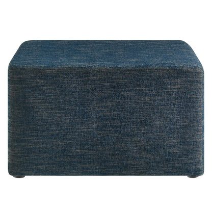Dark blue textured fabric square ottoman with rounded edges and small feet.