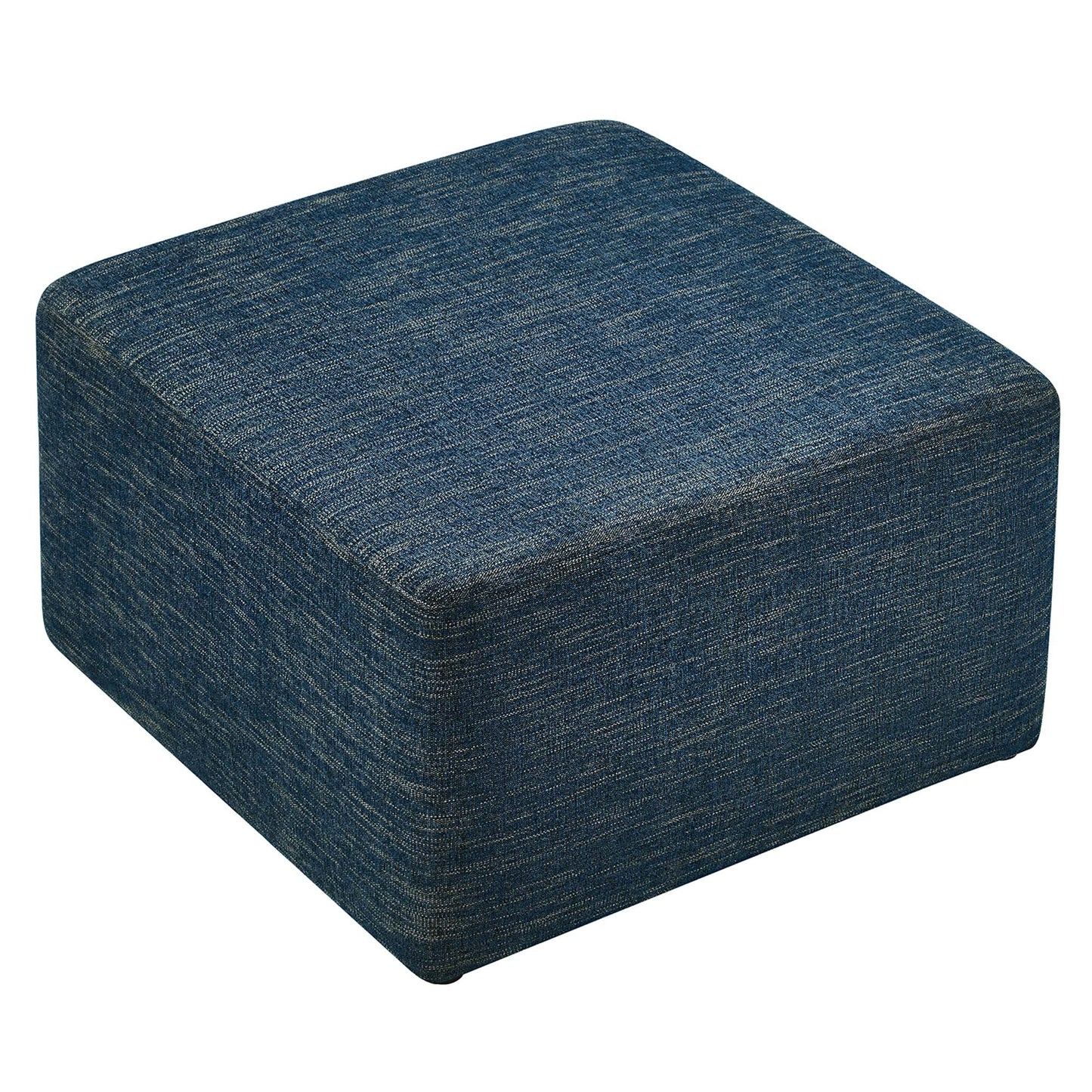 Blue woven fabric cube ottoman with rounded edges; compact pouf-style footstool for living room decor.