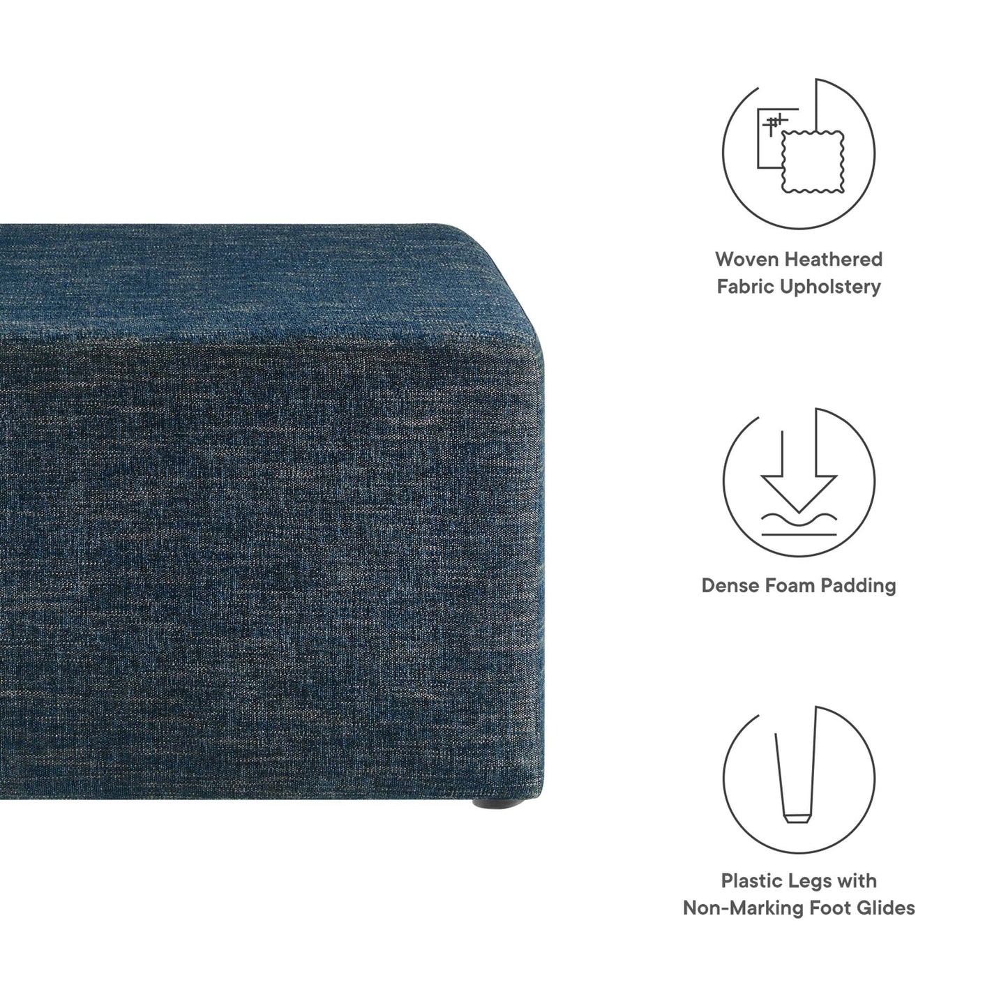 Blue woven heathered fabric ottoman, 28" square, dense foam padding, plastic legs & non-marking foot glides.