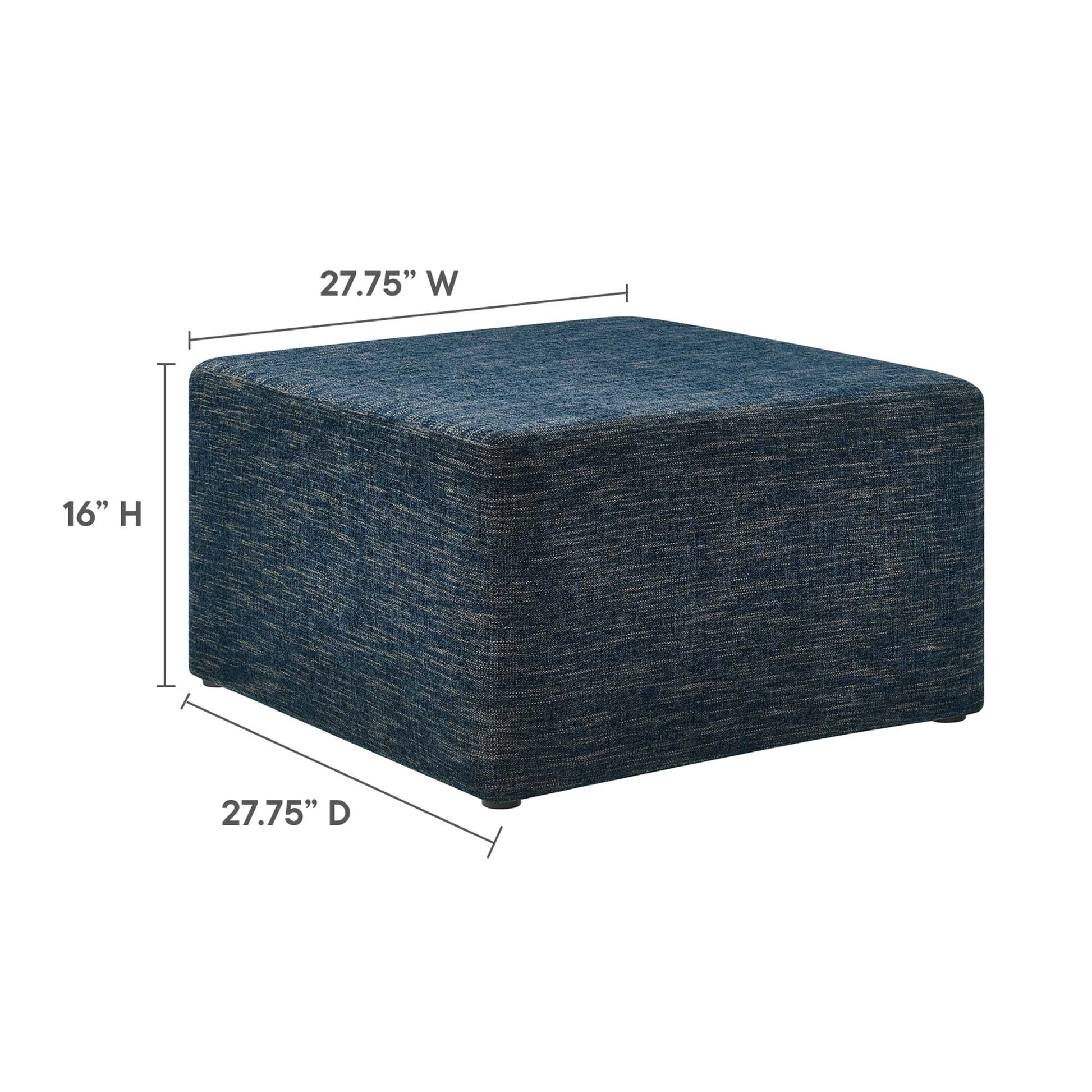 Dark blue denim-textured fabric ottoman cube with rounded edges; 27.75W x 27.75D x 16H.