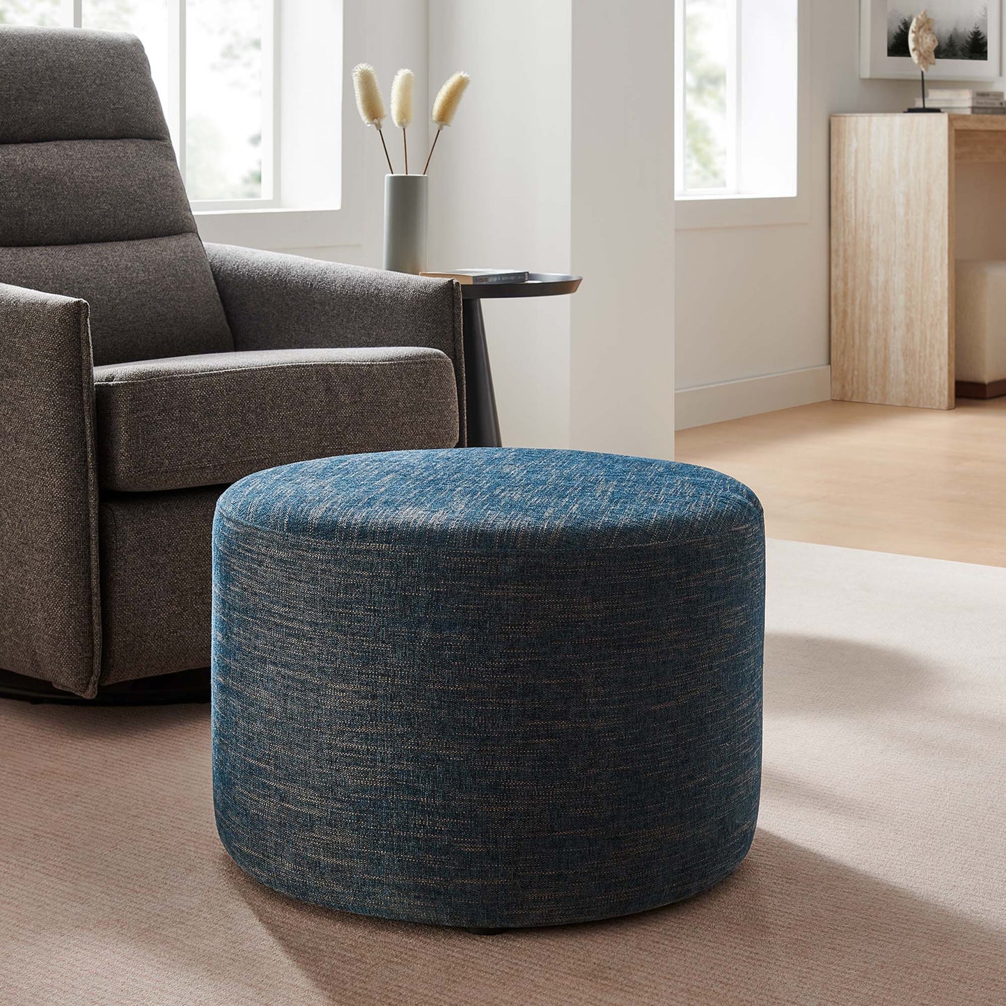 Modway - Callum Large 23" Round Woven Heathered Fabric Upholstered Ottoman by Modway  Living Room Sofas and Armchairs Blue - EEI-6645-HEA