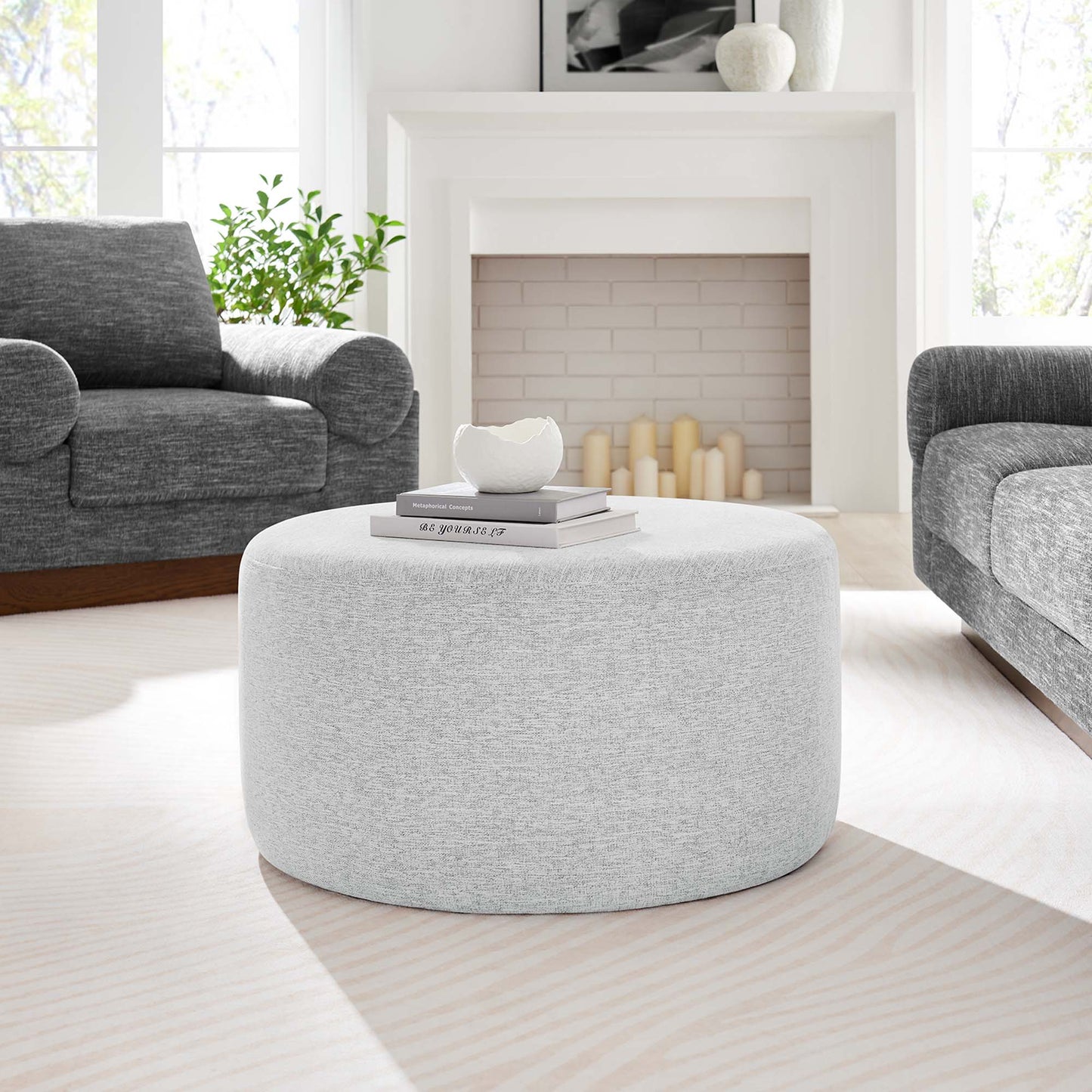 Modway - Callum Large 29" Round Woven Heathered Fabric Upholstered Ottoman by Modway  Living Room Sofas and Armchairs Gray - EEI-6647-HLG