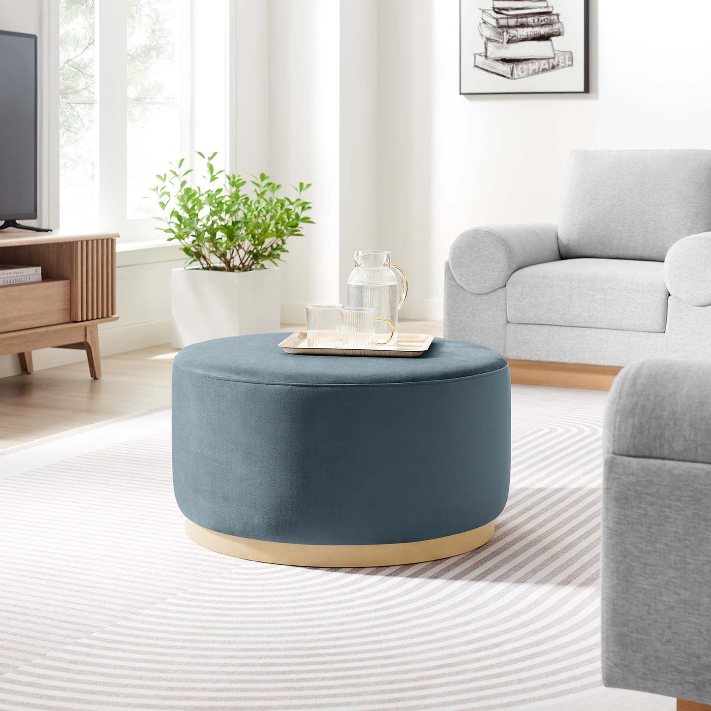 Modway - Tilden Large 29" Round Performance Velvet Upholstered Ottoman by Modway  Living Room Sofas and Armchairs Blue - EEI-6648-CAB-NAT