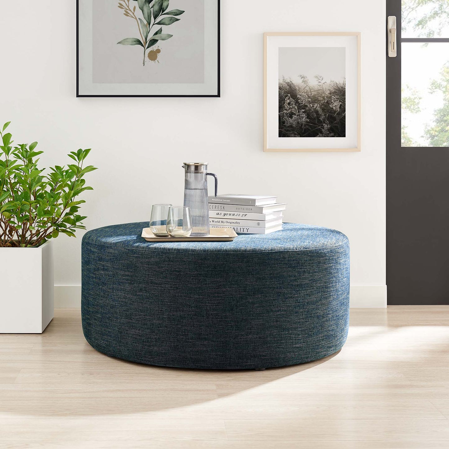 Modway - Callum Large 38" Round Woven Heathered Fabric Upholstered Ottoman by Modway  Living Room Sofas and Armchairs Blue - EEI-6649-HEA
