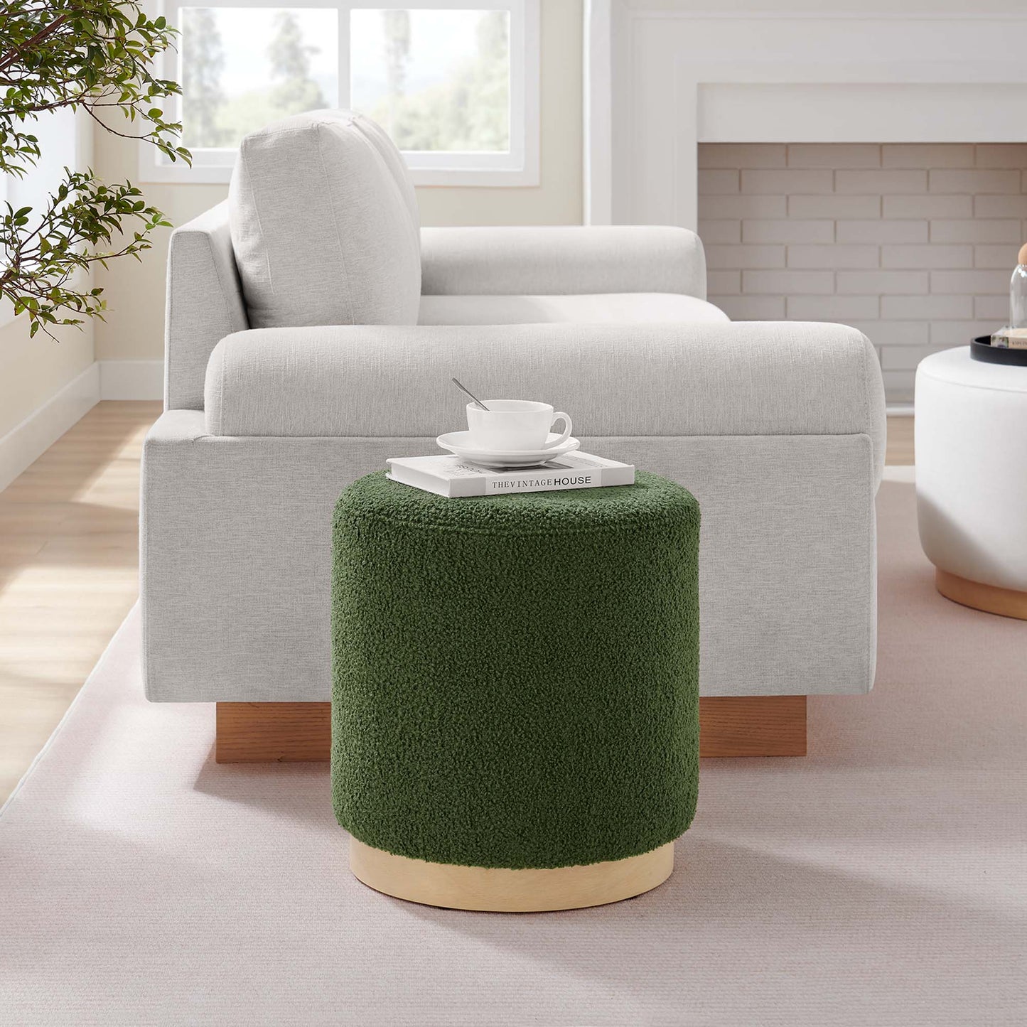 Modway - Tilden 16" Round Sherpa Upholstered Ottoman by Modway  Living Room Sofas and Armchairs Green - EEI-6653-MOG-NAT