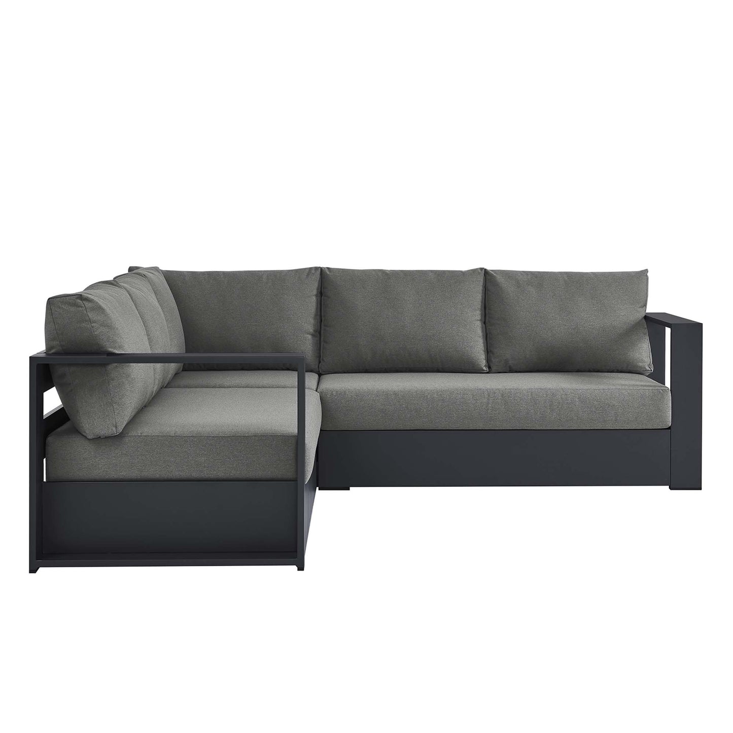 Gray outdoor sectional with left chaise, cushions on a powder-coated aluminum frame.