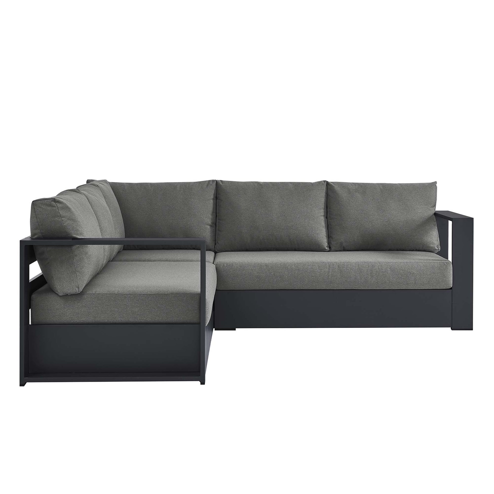 Gray outdoor sectional with left chaise, cushions on a powder-coated aluminum frame.