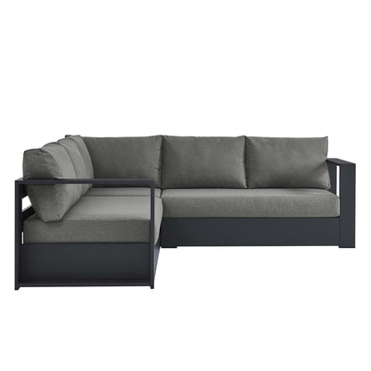 Gray outdoor sectional with left chaise, cushions on a powder-coated aluminum frame.
