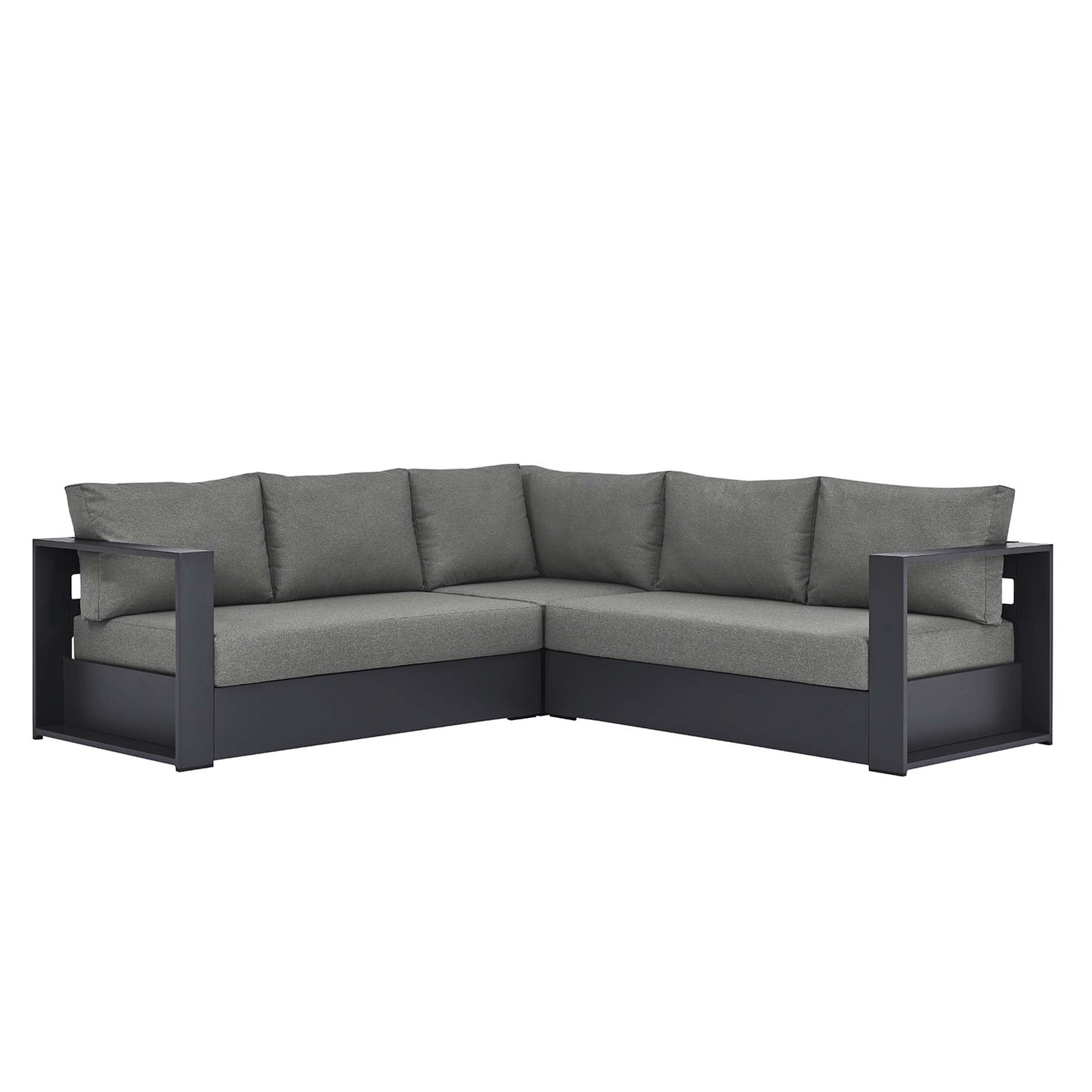 L-shaped outdoor sectional with dark charcoal frame and gray cushions, modern patio lounge seating.