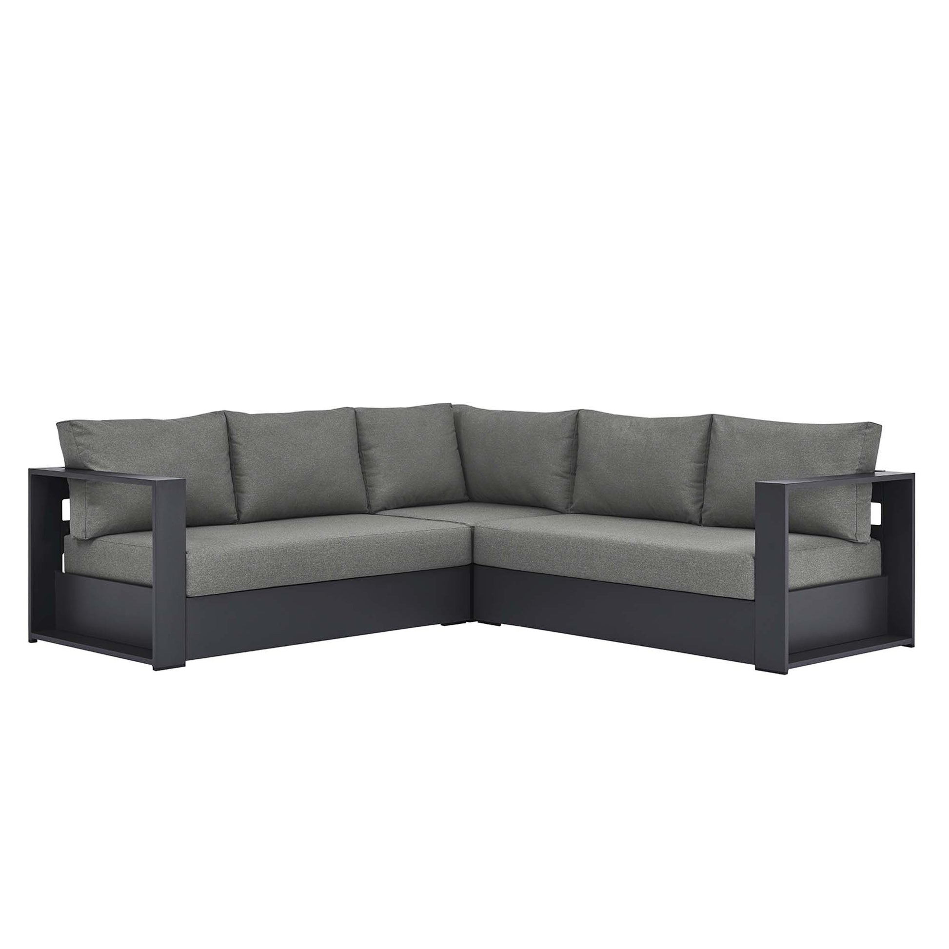 L-shaped outdoor sectional with dark charcoal frame and gray cushions, modern patio lounge seating.