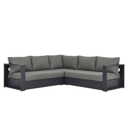 L-shaped outdoor sectional with dark charcoal frame and gray cushions, modern patio lounge seating.
